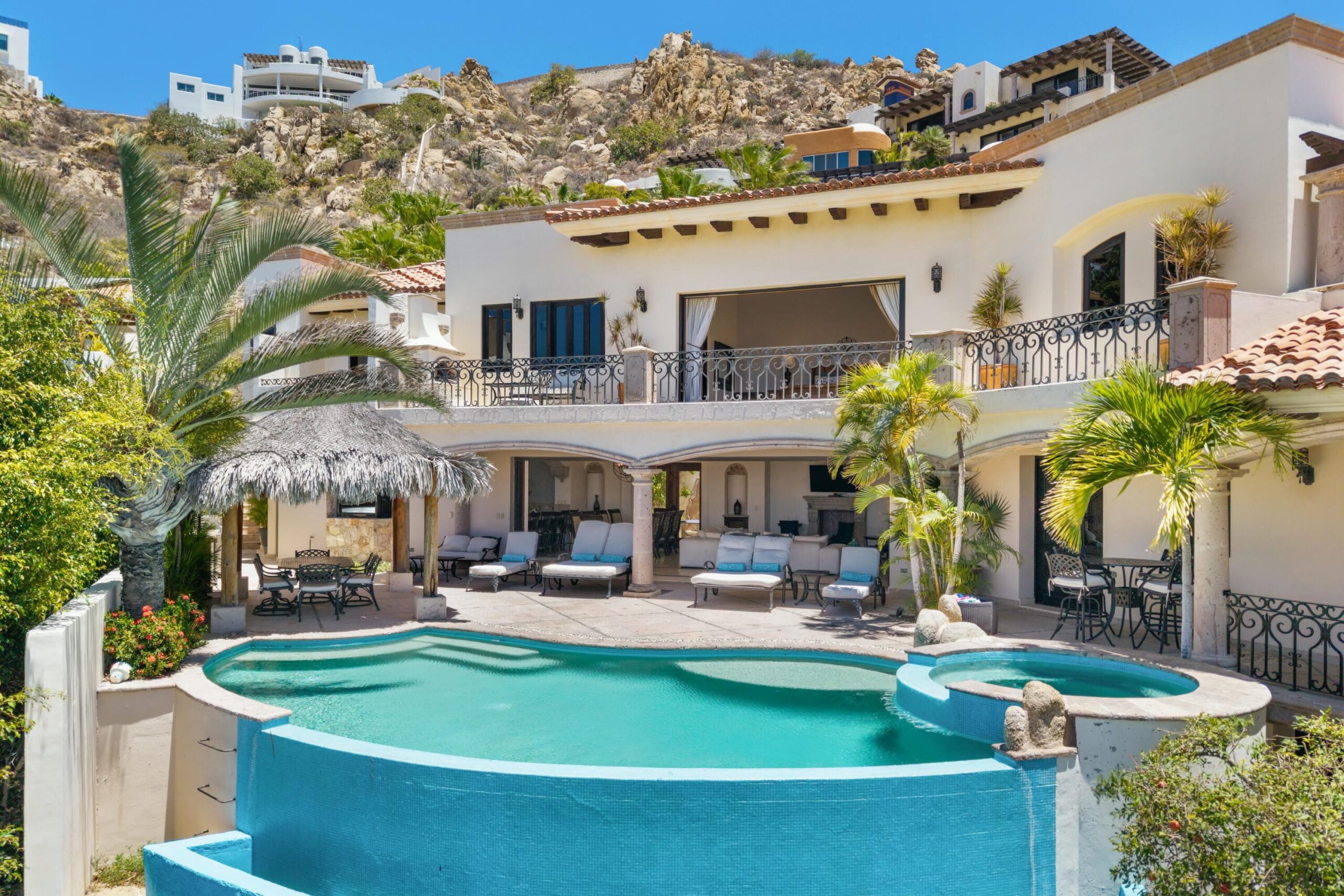 Cabo Luxury Pedregal Csl First time on the market, Villa Antigua is a six-bedroom, seven-bathroom residence located within the prestigious community of Pedregal, offering a rare opportunity to own a timeless property in Cabo's most exclusive neighborhood.Antigua blends classic Mexican architecture with hacienda-style furnishings, creating an atmosphere of inviting and understated luxury. Dramatic architectural details and exceptional craftsmanship are evident throughout, including stone columns, marble floors, and tasteful designer dรฉcor in warm earth tones.Its spacious layout includes six generously sized bedrooms, ideal for both private enjoyment and high-end rental use. The upper level bedrooms provide enhanced privacy, beautiful ocean for sale