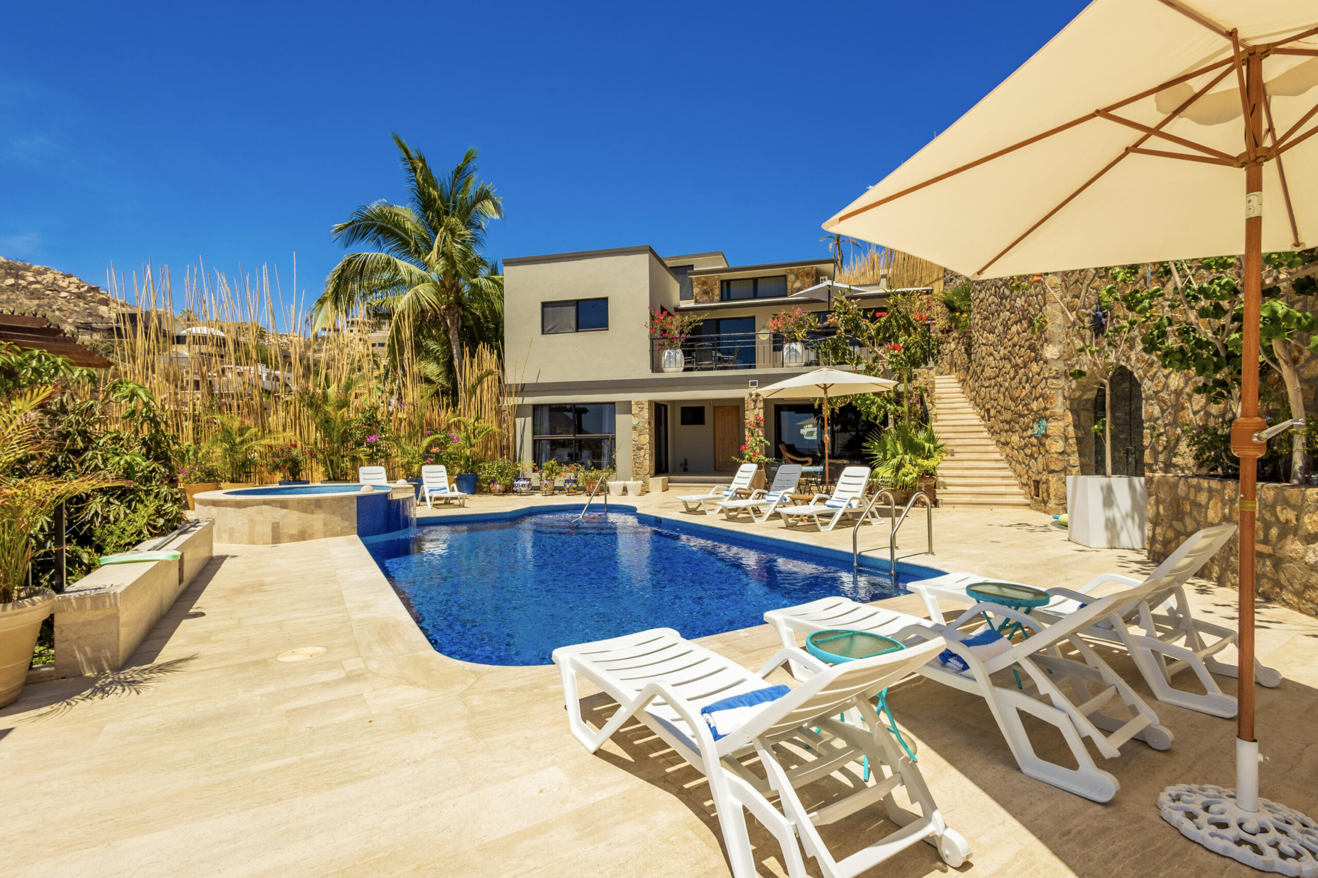 Cabo Luxury Migaloo Designed with avant-garde Mexican architecture and infused with a boho-chic flair, Migaloo 6 is a three- story home crafted for seamless indoor-outdoor living. The top floor offers breathtaking panoramic for sale