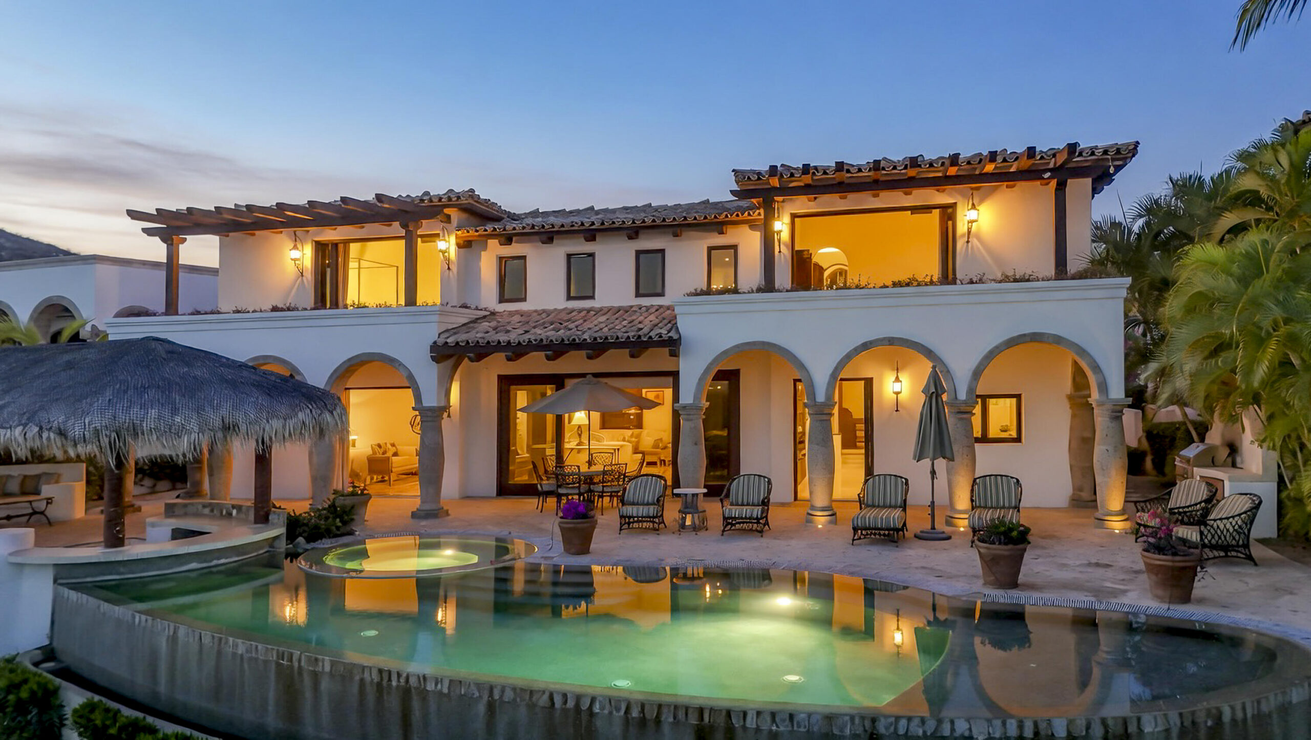 Cabo Luxury Las Colinas Welcome to Casa Van Brunt this 4 bedroom 4 1/2 bath home plus a den is located in Las Colinas in the private resort community of Cabo Del Sol. This residence is a two-story home sitting on nearly 12,000 square feet of land. The home is delivered fully furnished and overlooks the 12th hole of the Cove Club Golf Course. Enjoy it's outdoor living space with a large palapa and infinity-edge pool with for sale
